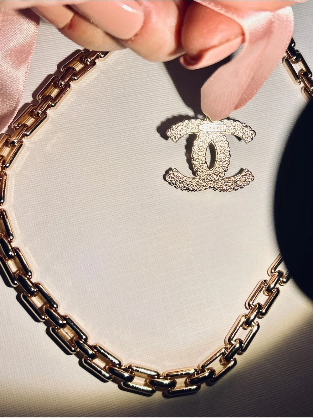 CHANEL Gold CC Pendant with Pink Ribbon New Elegant Chain